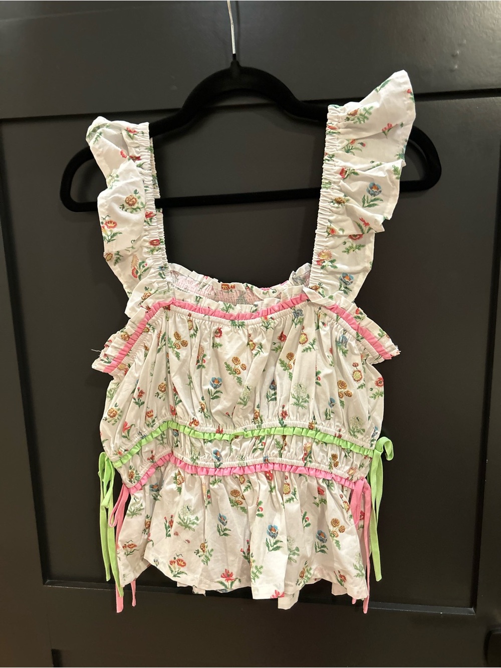 Umgee White Floral Ruffle Tank Top with Pink and Green Trim